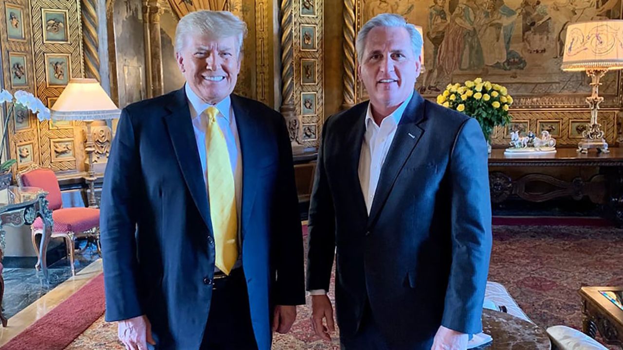 Former President Donald Trump and House Minority Leader Kevin McCarthy met in February at Trump's Mar-a-Lago estate in Palm Beach, Florida.