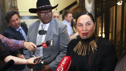 WELLINGTON, NEW ZEALAND - NOVEMBER 26: Maori Party co-leaders Rawiri Waititi and Debbie Ngarewa-Packer speak to media during the opening of New Zealand's 53rd Parliament on November 26, 2020 in Wellington, New Zealand. The opening of New Zealand's 53rd Parliament marks the start of the new three-year Parliamentary term. It is the first time Members of Parliament will meet as a Parliament.  (Photo by Hagen Hopkins/Getty Images)