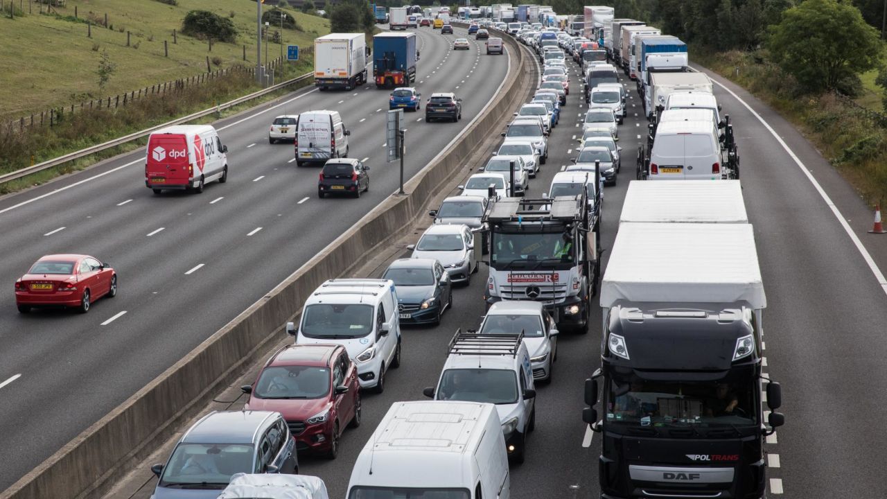 A traffic jam on the M25  motroway in Godstone, England, after climate activists blocked a slip road to push the UK government to legislate for stronger emissions cuts, on September 13, 2021.