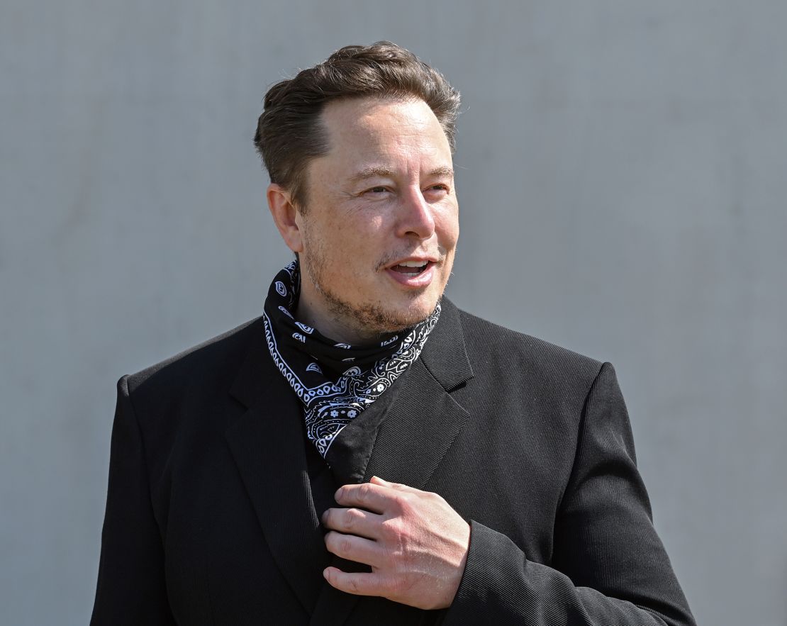 Elon Musk, at a press event on the grounds of the Tesla Gigafactory on August 13, 2021 in Gr'nheide, Brandenburg,Germany. The first vehicles are to roll off the production line in Gr'nheide near Berlin from the end of 2021. The US company plans to build around 500,000 units of the compact Model 3 and Model Y series here each year. 