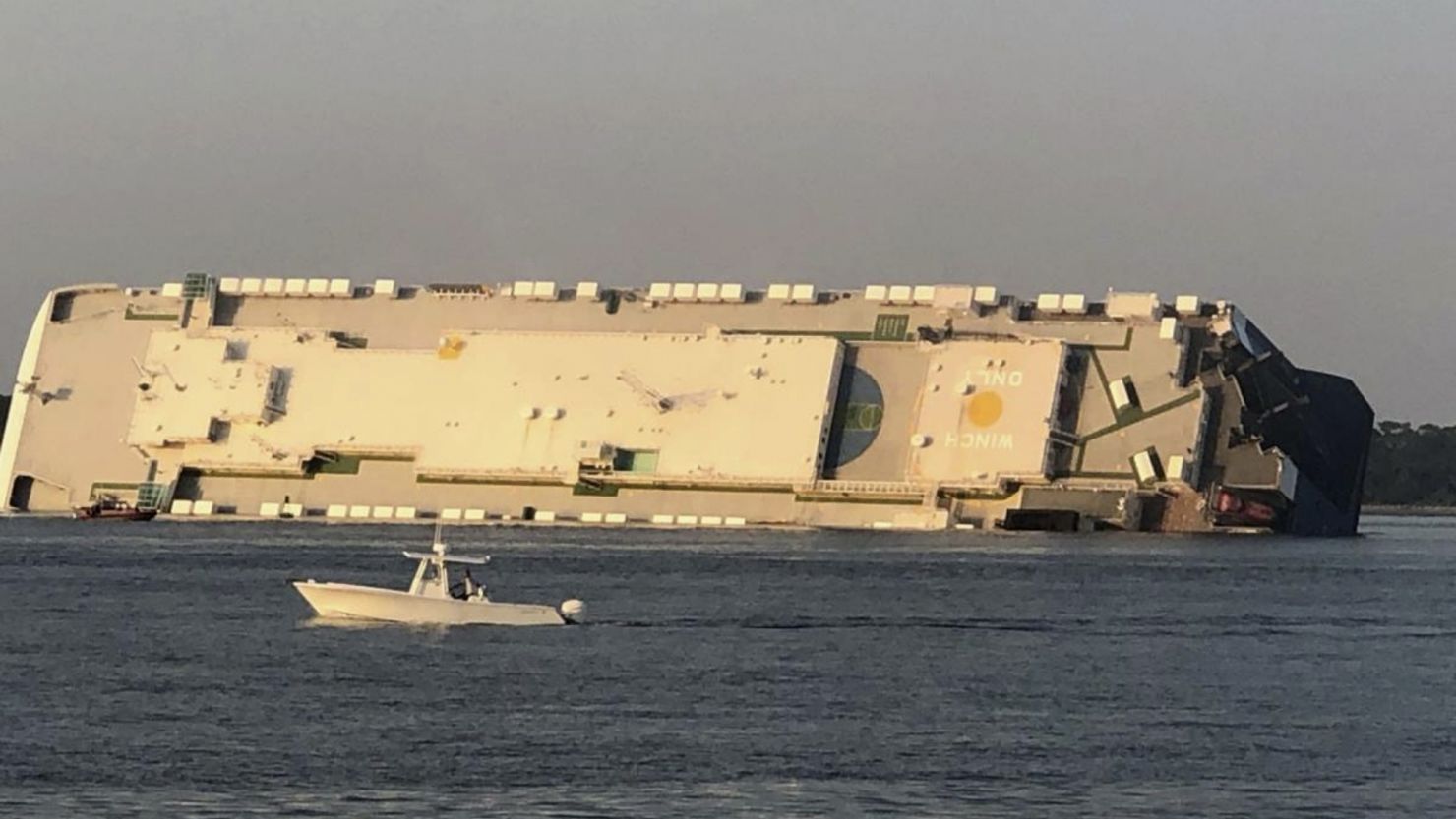 The Golden Ray cargo ship lies capsized near Georgia's Port of Brunswick on September 8, 2019.