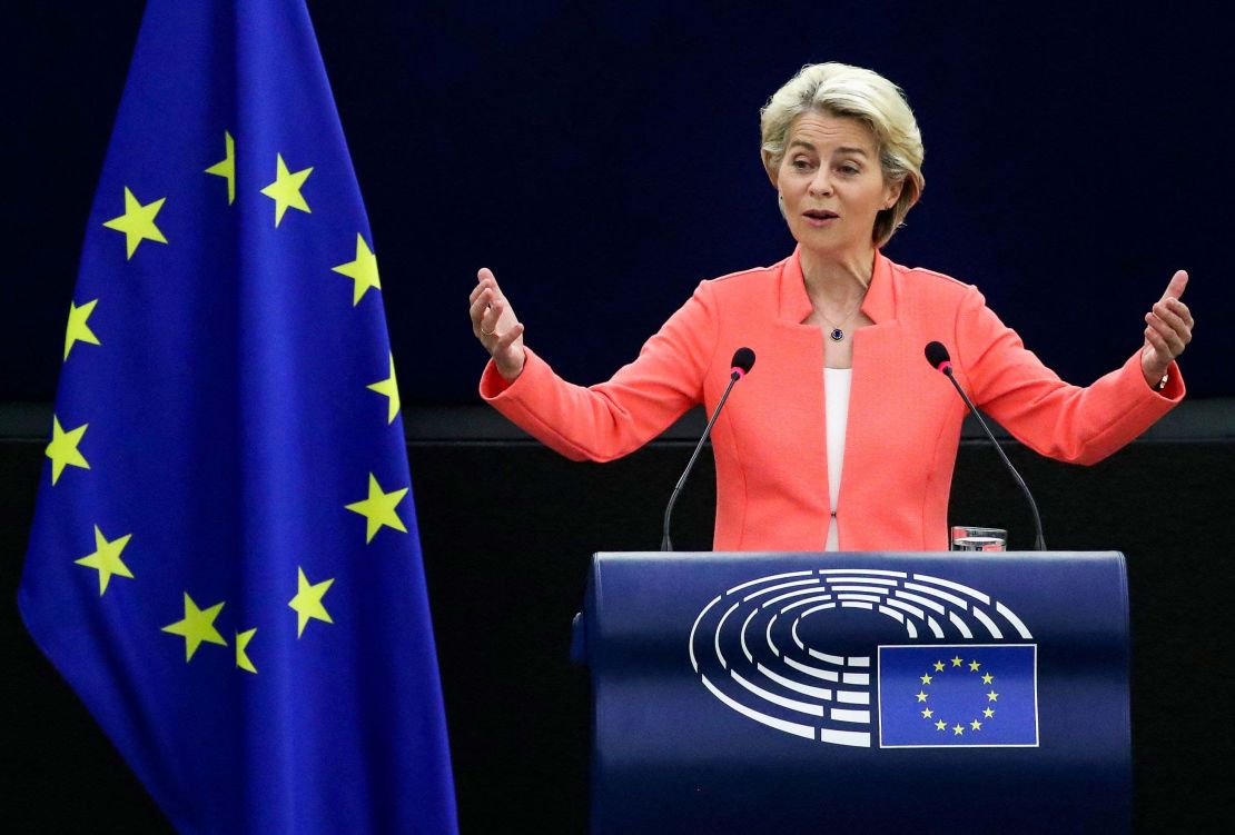 European Commission President Ursula von der Leyen delivers a speech during her State of the Union address on Wednesday in Strasbourg, France. 