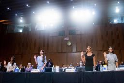 United States gymnasts from left, Simone Biles, McKayla Maroney, Maggie Nichols, and Aly Raisman are sworn in to testify during a Senate Judiciary hearing about the Inspector General's report on the FBI's handling of the Larry Nassar investigation.