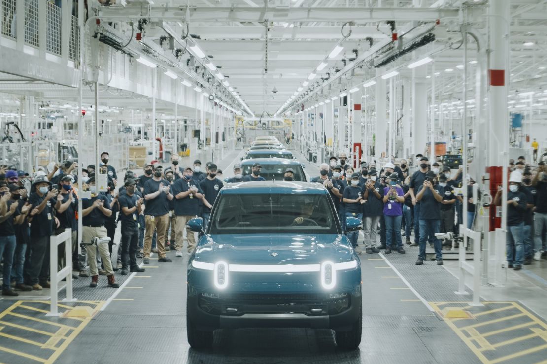 A Rivian R1T leaves the assembly line at its manufacturing plant in Normal, Illinois.