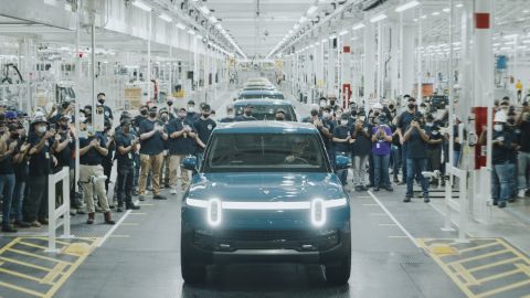A Rivian R1T leaves the assembly line at its manufacturing plant in Normal, Illinois.