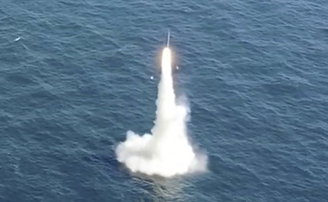 South Korea's first underwater-launched ballistic missile is test-fired from a submarine at an undisclosed location on September 15, in this image provided by the South Korea Defense Ministry.
