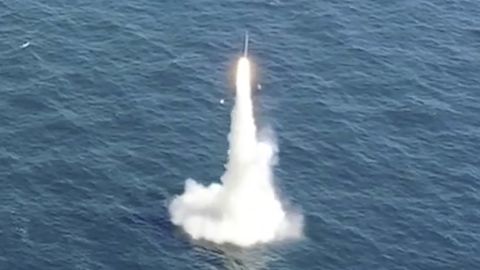 South Korea's first underwater-launched ballistic missile is test-fired from a submarine at an undisclosed location on September 15, in this image provided by the South Korea Defense Ministry.