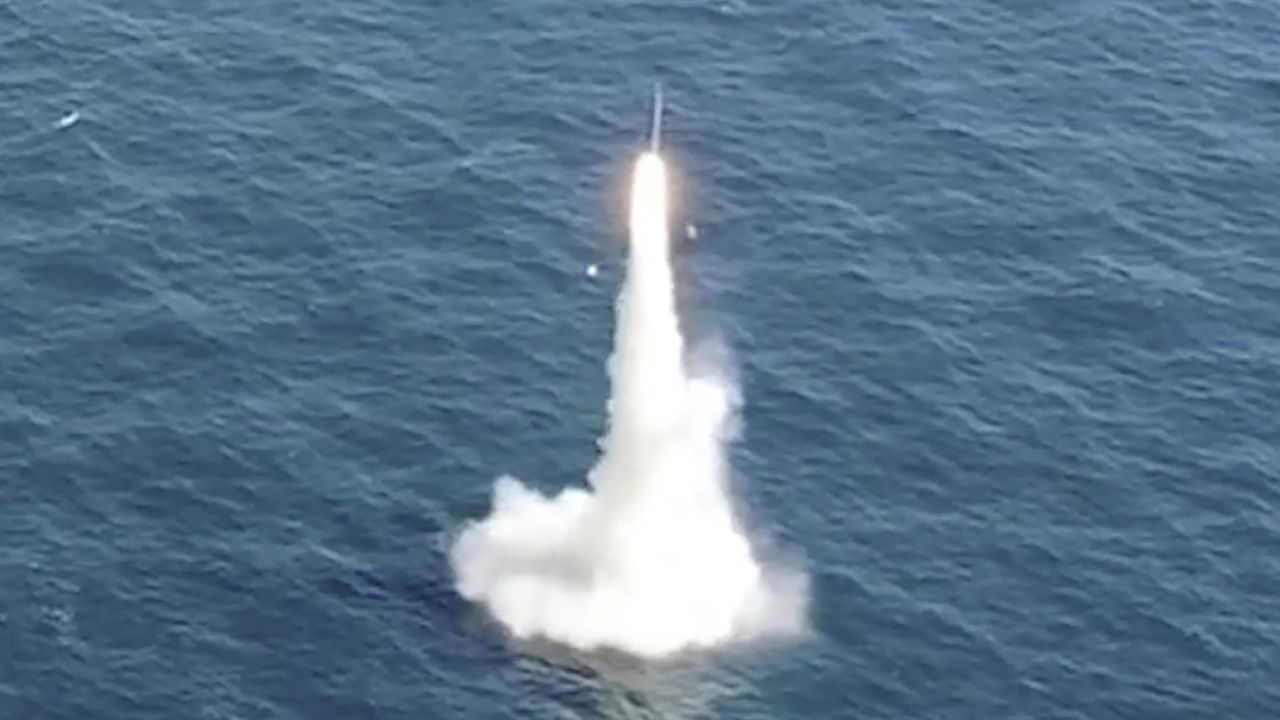 South Korea's first submarine-launched ballistic missile is test-fired from a 3,000-ton-class submarine at an undisclosed location in the waters of South Korea on September 15, 2021.