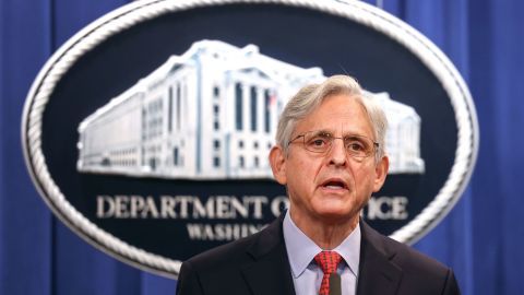 US Attorney General Merrick Garland holds a news conference at the Department of Justice on August 5, 2021, in Washington.