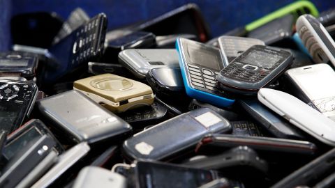Discarded mobile phones at the electronic waste recycling plant of Total Environmental Solutions in Thailand in 2020.