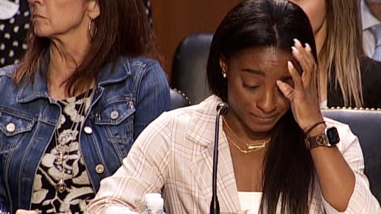 Simone Biles testifying to the Senate Judiciary Committee regarding the FBI's handling of sexual abuse claims against former USA Gymnastics team doctor Larry Nassar.
