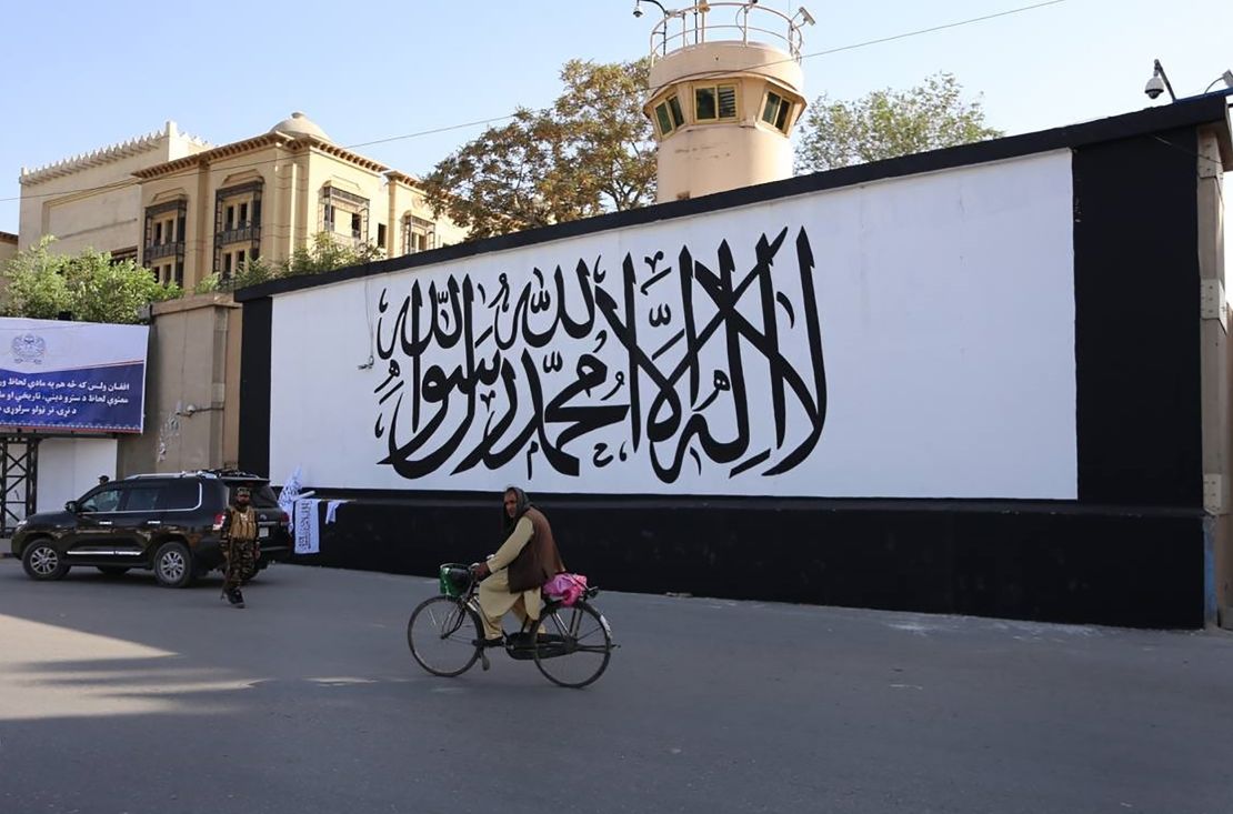 The US Embassy walls after being painted with the Taliban flag in Kabul on September 8.