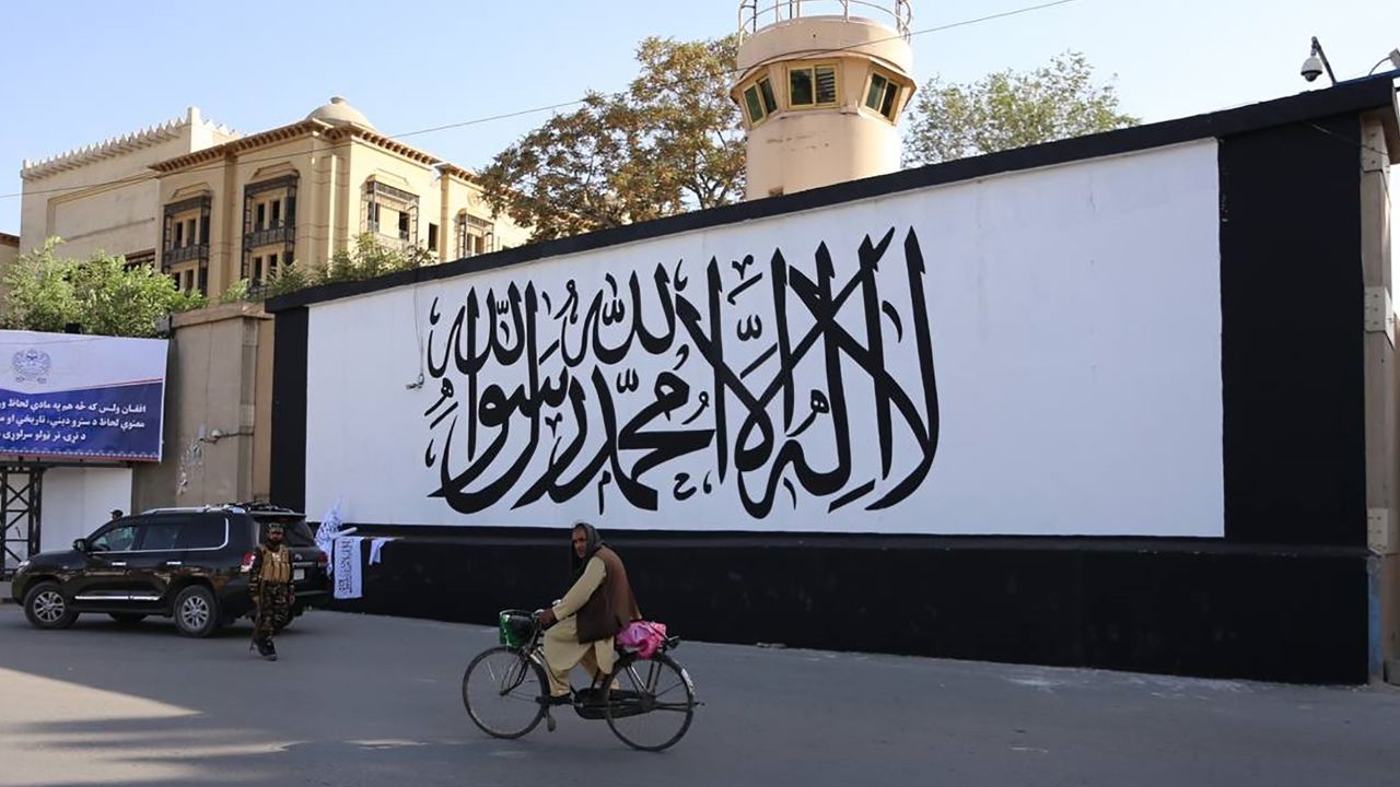 The US Embassy walls after being painted with the Taliban flag in Kabul on September 8.