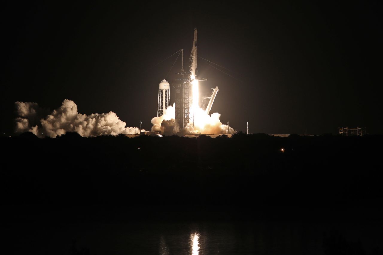 A rocket lifts off Wednesday, September 15, carrying the crew into orbit.