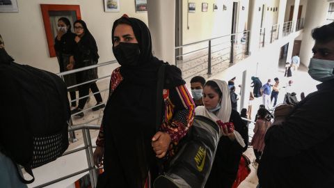 Members of Afghanistan's national girls football team arrive at the PFF in Lahore.