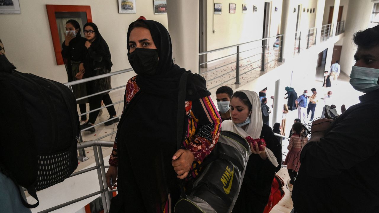 Members of Afghanistan's national girls football team arrive at the Pakistan Football Federation (PFF) in Lahore on September 15.