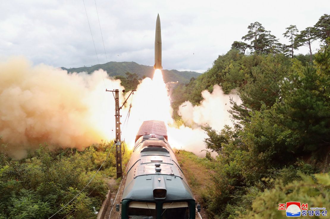 A North Korean missile is launched from a train on September 15, 2021, during a test.
