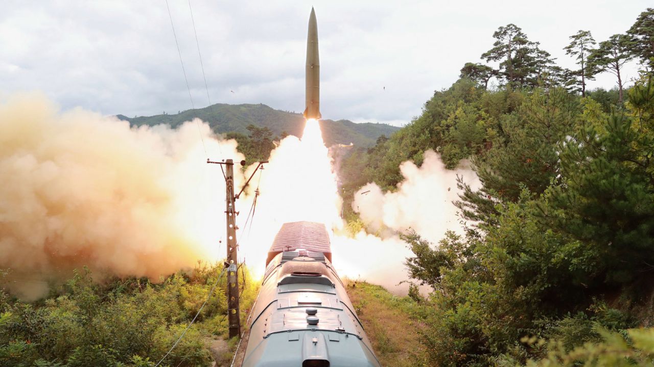 A North Korean missile is launched from a train on September 15, 2021, during a test.