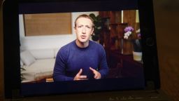 Mark Zuckerberg, chief executive officer of Facebook Inc., speaks during the virtual F8 Developers Conference on a tablet computer in Tiskilwa, Illinois, U.S., on Tuesday, June 2, 2021. 