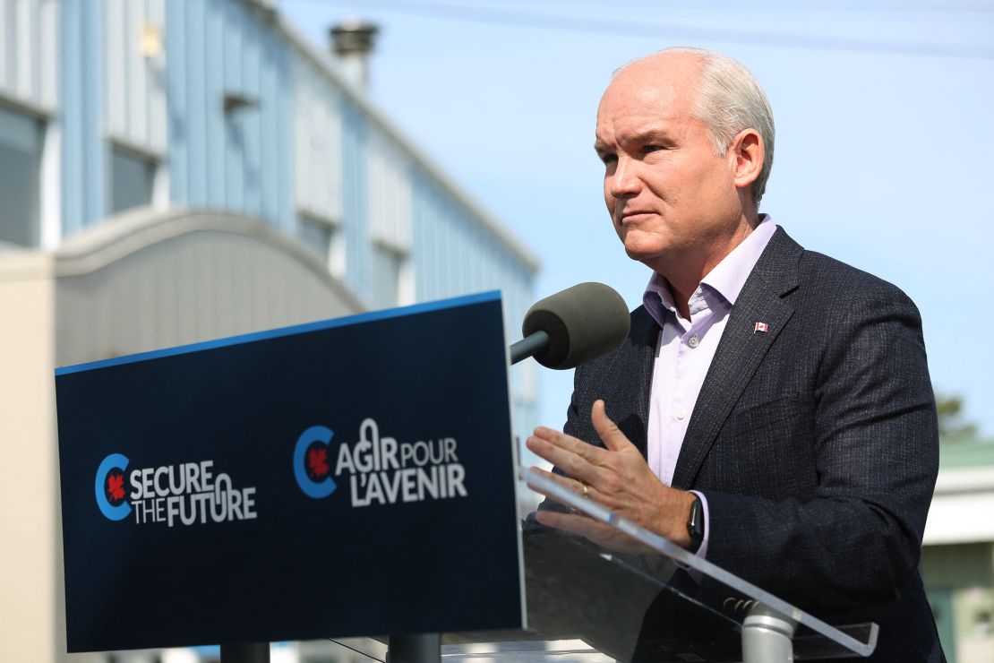 Conservative Party leader Erin O'Toole delivers a speech during a campaign stop on September 14 in Russell, Ontario.