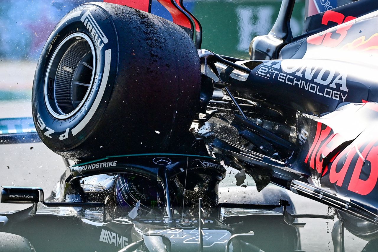 The Formula 1 car of Max Verstappen lands on the top of Lewis Hamilton's car during <a href="https://www.cnn.com/2021/09/12/motorsport/f1-lewis-hamilton-crash-italian-gp-spt-intl/index.html" target="_blank">a collision during the Italian Grand Prix</a> on Sunday, September 12. Both drivers were able to walk away from the incident but were ruled out for the remainder of the race. Hamilton told reporters that he felt "fortunate to be alive."