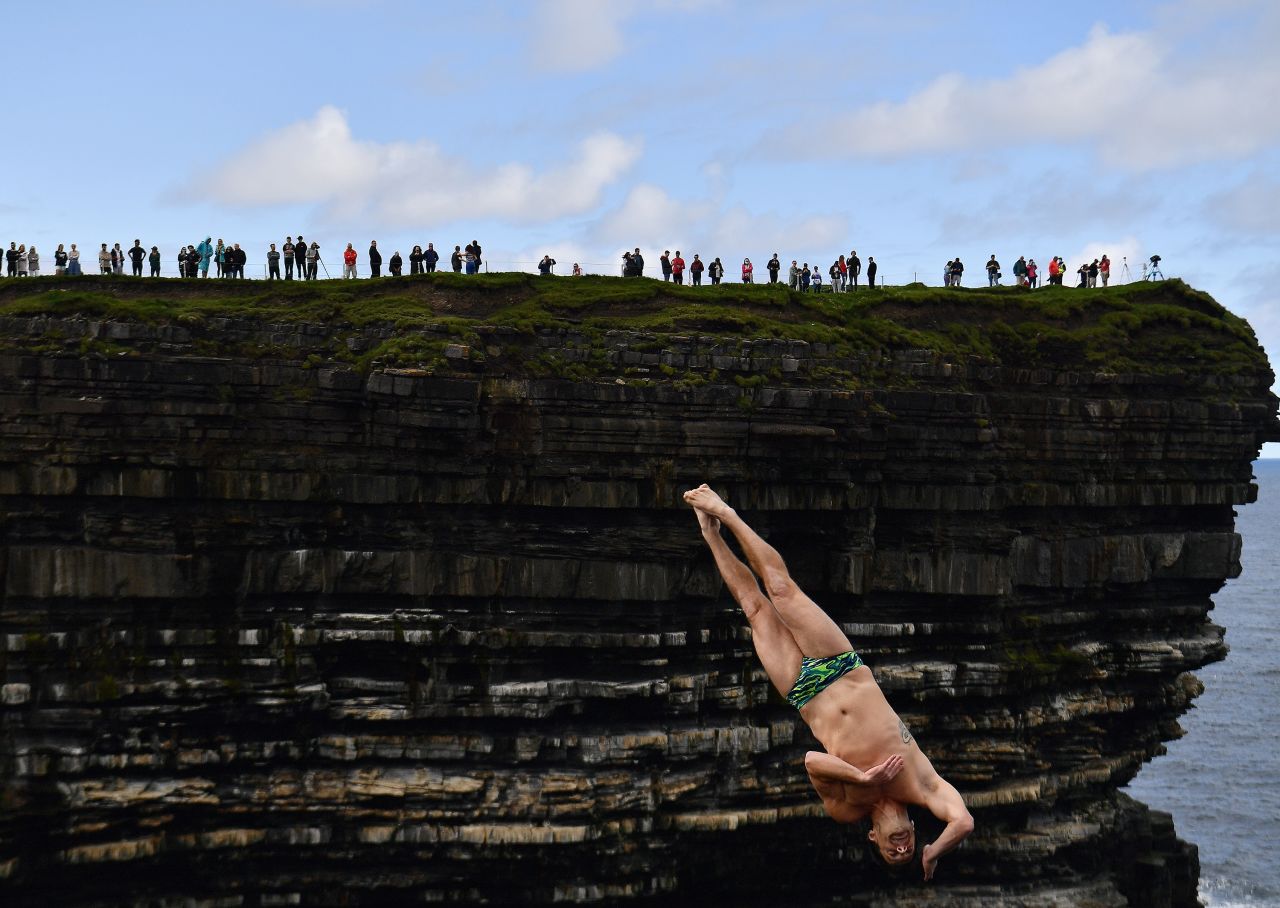Steven LoBue competes in a Cliff Diving World Series event held at Ireland's Downpatrick Head on Sunday, September 12.