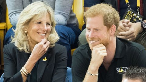 Jill Biden and Prince Harry watch the wheelchair basketball final during the Invictus Games in 2017.
