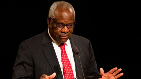 Supreme Court Justice Clarence Thomas speaks on Thursday at the University of Notre Dame's DeBartolo Performing Arts Center in South Bend. 