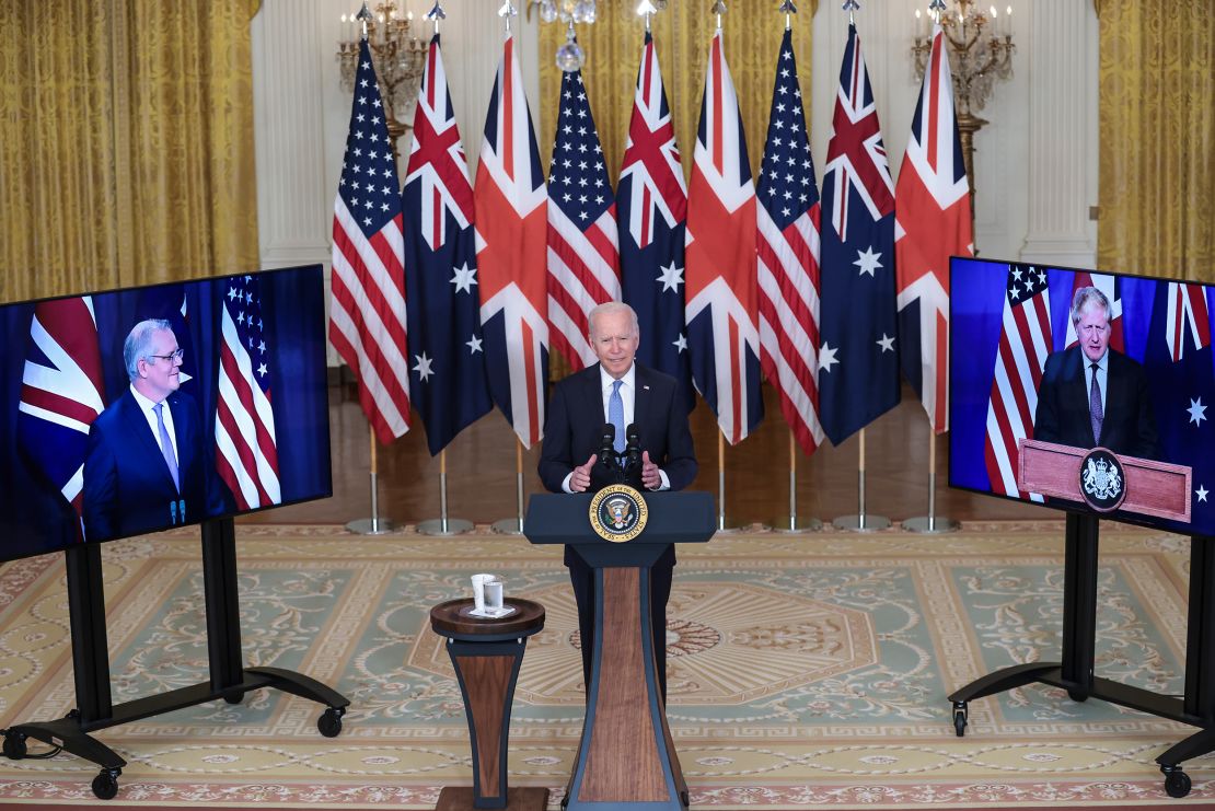 US President Joe Biden delivers remarks about the AUKUS security initiative on September 15, 2021 at the White House, joined virtually by Prime Minister Scott Morrison of Australia and UK Prime Minister Boris Johnson.