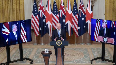 US President Joe Biden delivers remarks about the AUKUS security initiative on September 15, 2021 at the White House, joined virtually by Prime Minister Scott Morrison of Australia and UK Prime Minister Boris Johnson.