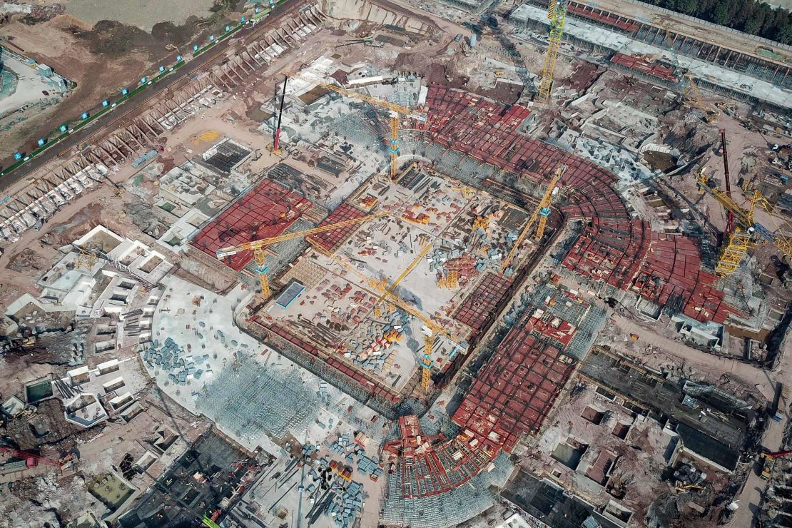 An aerial view of the Guangzhou Evergrande Football Stadium under construction in December 2020.