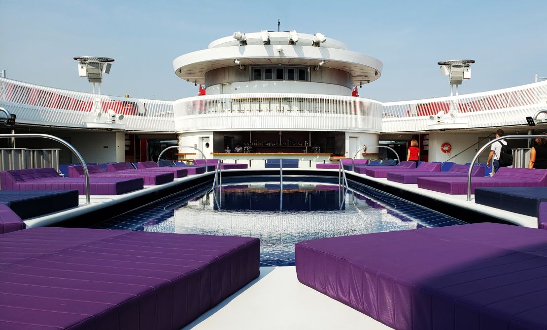 Without kids splashing about, the ship's pool area aims for well-being and tranquility.