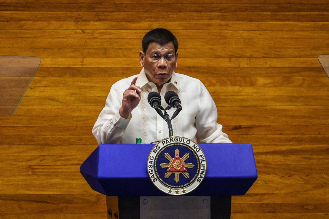 Philippine President Rodrigo Duterte speaks during the annual state of the nation address at the House of Representatives in Manila on July 26.