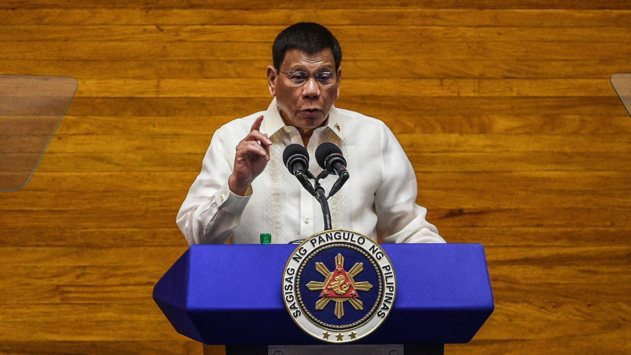 Philippine President Rodrigo Duterte speaks during the annual state of the nation address at the House of Representatives in Manila on July 26.