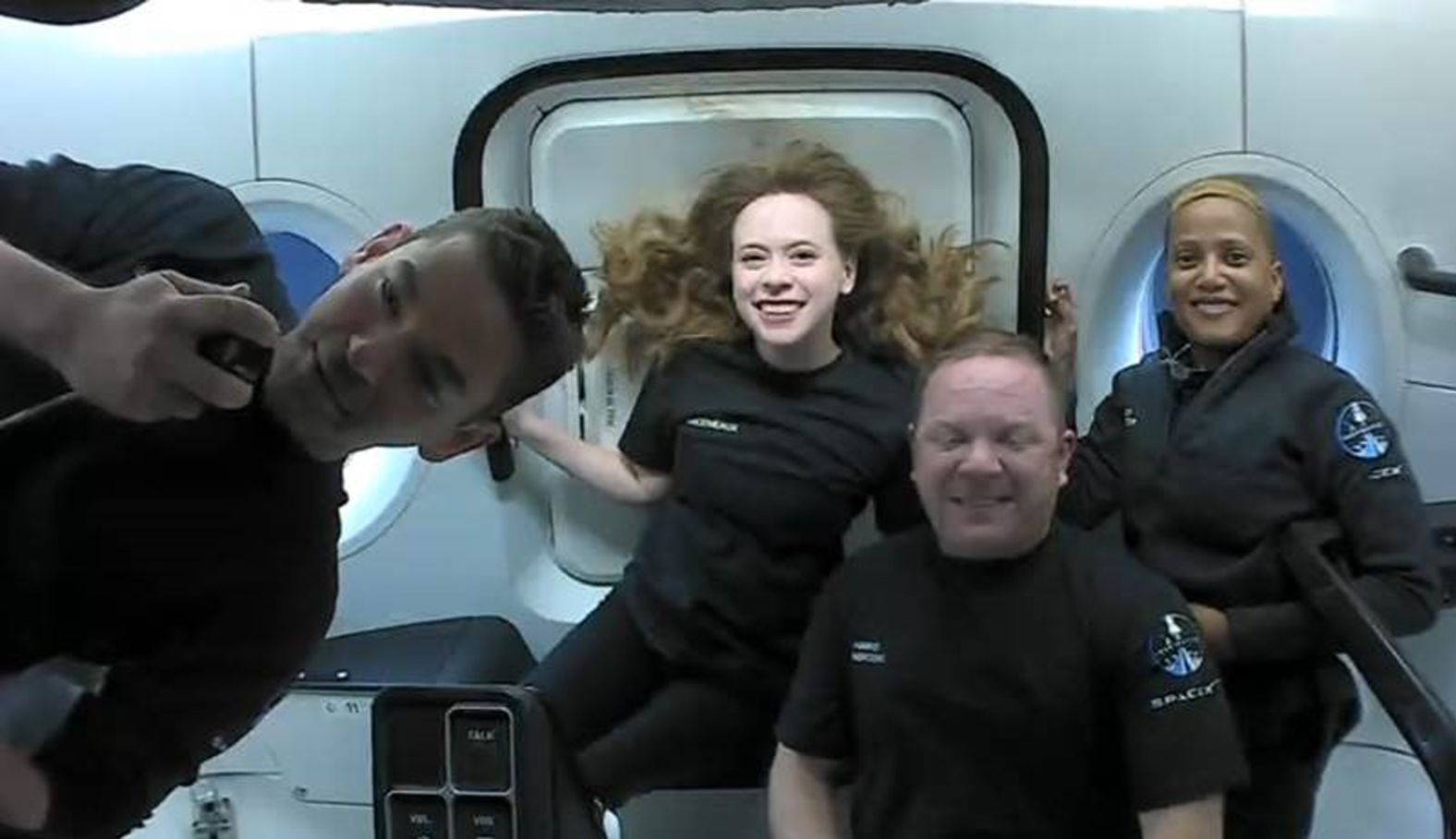 The crew is seen on its first day in space in this handout photo from SpaceX. From left are Isaacman, Arceneaux, Sembroski and Proctor.