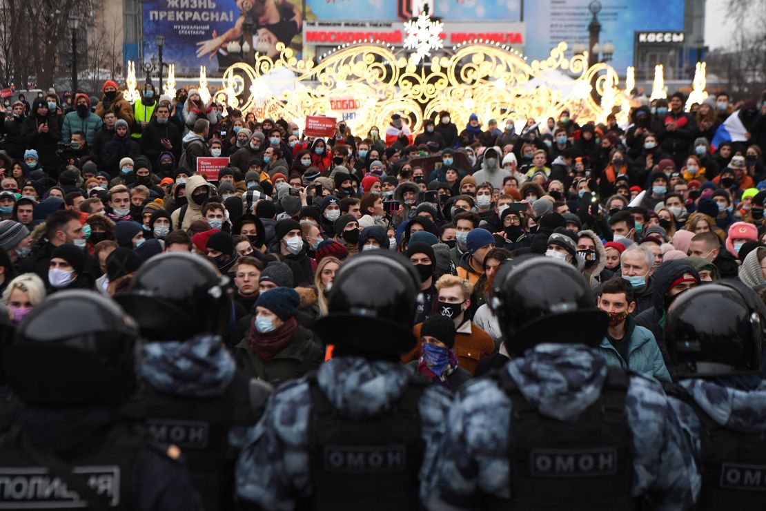 People attend a rally in support of Navalny in downtown Moscow on January.