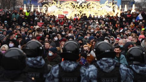 People attend a rally in support of Navalny in downtown Moscow on January.