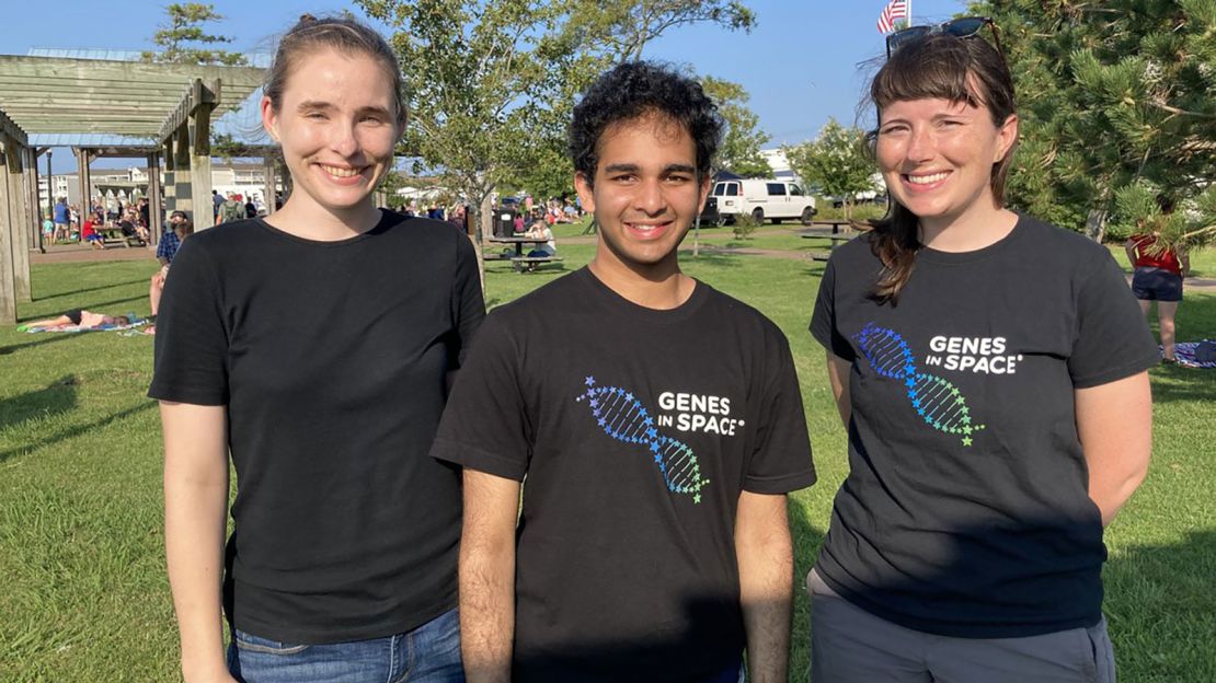 Kristoff Misquitta (center) is pictured with his mentors, Bess Miller (left) and Kate Malecek at the launch of his experiment into space on August 10, 2020.