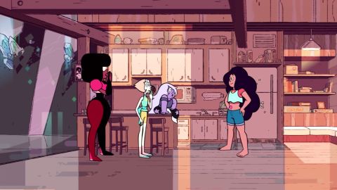 A scene from "Steven Universe" in which a cast of nonbinary characters meet. 