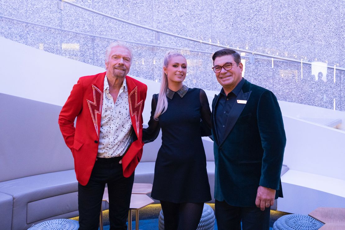 Richard Branson, Paris Hilton and Tom McAlpin at the Virgin Voyages Scarlet Lady Showcase in New York City.