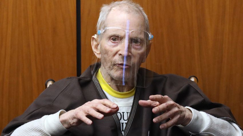 INGLEWOOD, CA - AUGUST 09: Robert Durst, 78, New York real estate scion, takes the stand and testifies in his murder trial answering questions from defense attorney Dick DeGuerin, left, at the Inglewood Courthouse on August 9, 2021 in Inglewood, California. Durst is charged with the 2000 murder of Susan Berman inside her Benedict Canyon home. He testified Monday that he did not kill his best friend Berman. (Photo by Gary Coronado-Pool/Getty Images)