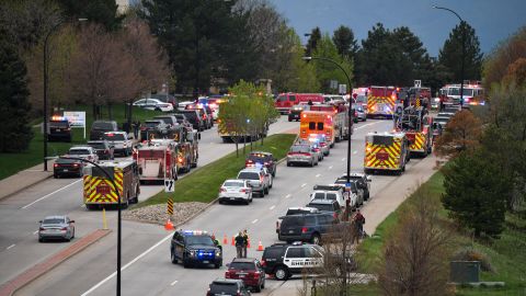 First responders are seen outside STEM School Highlands Ranch during a shooting on May 7, 2019, in Highlands Ranch, Colorado. 