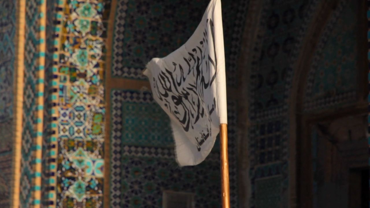 A Taliban flag flies outside of the Blue Mosque in Mazar-i-Sharif.