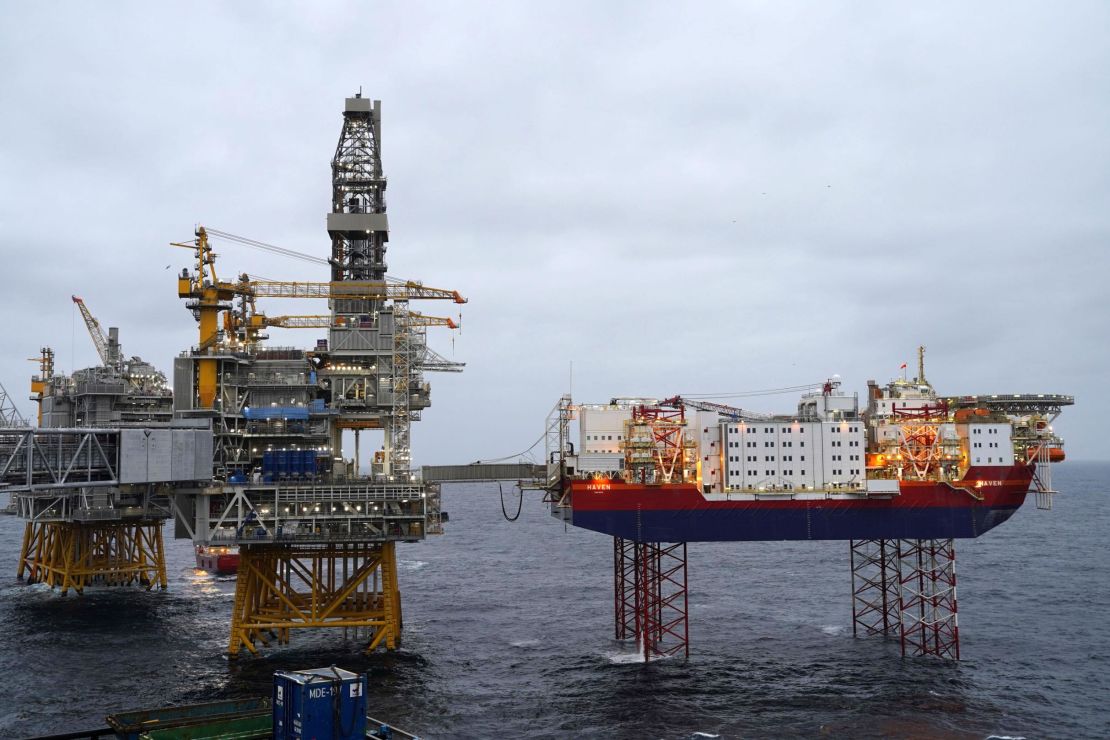 Platforms producing oil stand in the North Sea over the Johan Sverdrup oil field during a media visit to the area some 140 kilometers (87 miles) west from the city of Stavanger, Norway, on December 3, 2019.