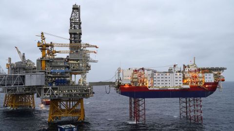 Platforms producing oil stand in the North Sea over the Johan Sverdrup oil field during a media visit to the area some 140 kilometers (87 miles) west from the city of Stavanger, Norway, on December 3, 2019.
