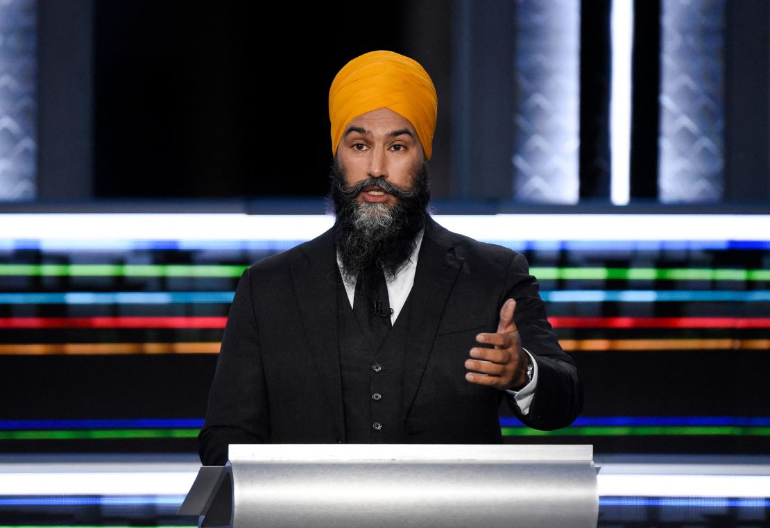 NDP Leader Jagmeet Singh speaks during the federal election English-language leaders debate in Gatineau, Quebec, on September 9, 2021. 