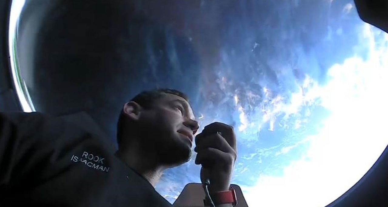 Isaacman is seen in orbit during the crew's first day in space.