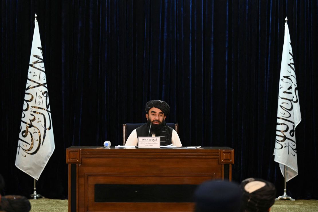 Taliban spokesman Zabihullah Mujahid addresses a press conference in Kabul on September 7, 2021. 