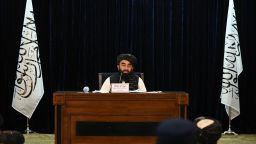 Taliban spokesman Zabihullah Mujahid addresses a press conference in Kabul on September 7, 2021. - The Taliban on September 7 announced UN-sanctioned Taliban veteran Mullah Mohammad Hassan Akhund as the leader of their new government, while giving key positions to some of the movement's top officials. (Photo by Aamir QURESHI / AFP) (Photo by AAMIR QURESHI/AFP via Getty Images)
