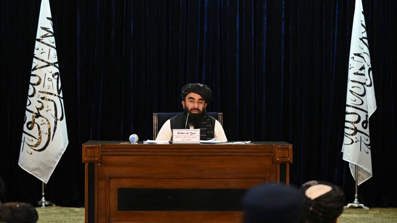Taliban spokesman Zabihullah Mujahid addresses a press conference in Kabul on September 7, 2021. 
